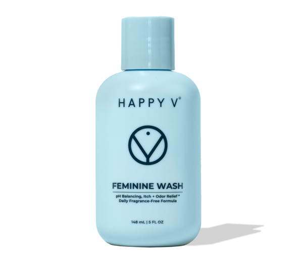 Happy V Feminine Wash bottle on a clean background
