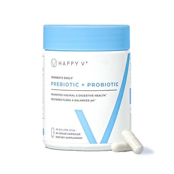Happy V Prebiotic and Probiotic bottle with capsules