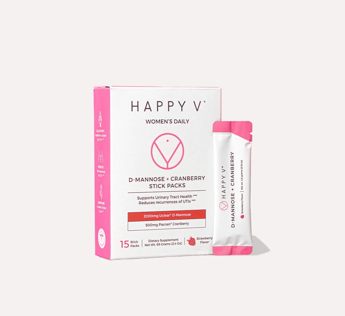 Happy V D-Mannose and Cranberry Stick Packs box and sachet