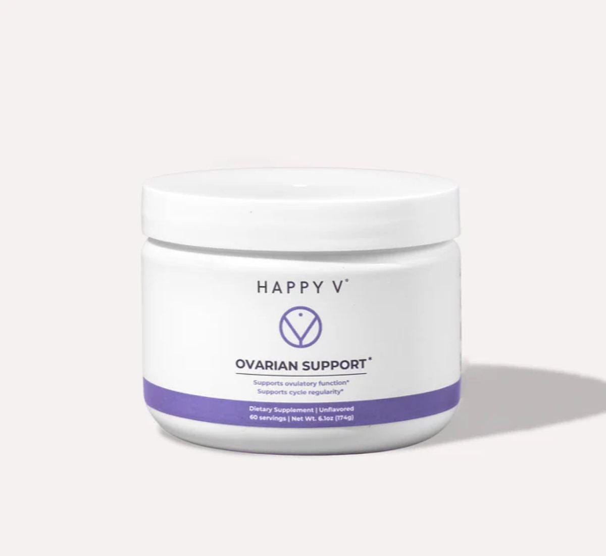 Happy V Ovarian Support bottle on a light background