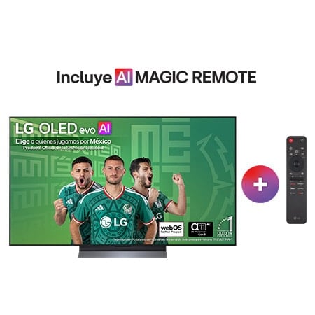 Control remoto LG junto a una promoción de televisor OLED