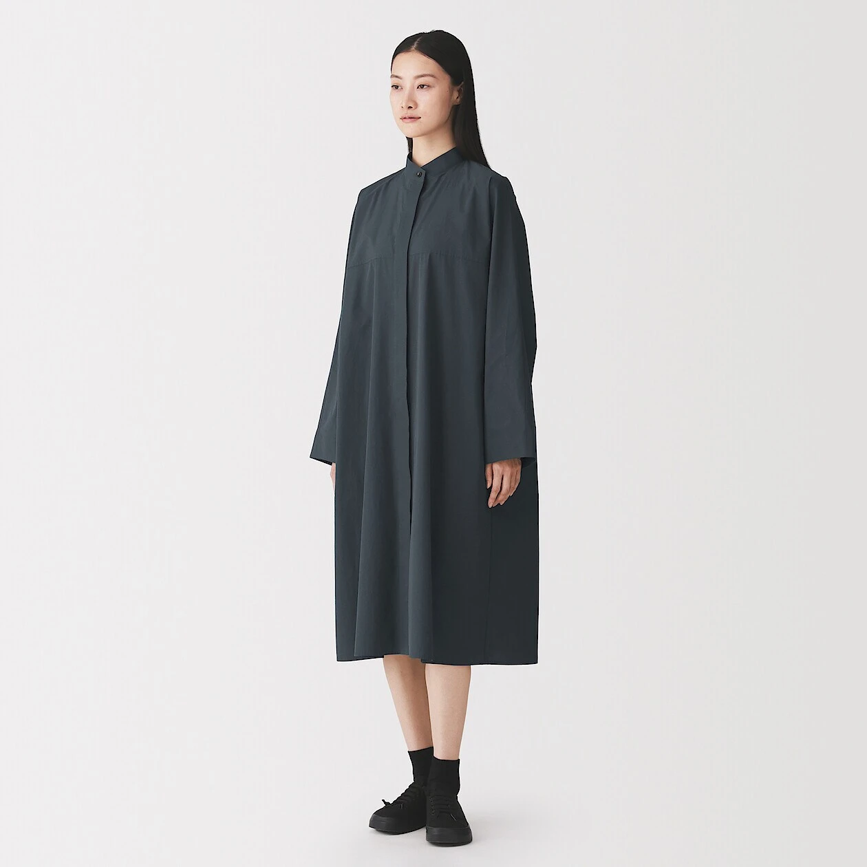MUJI charcoal grey cotton and wool stand collar shirt dress