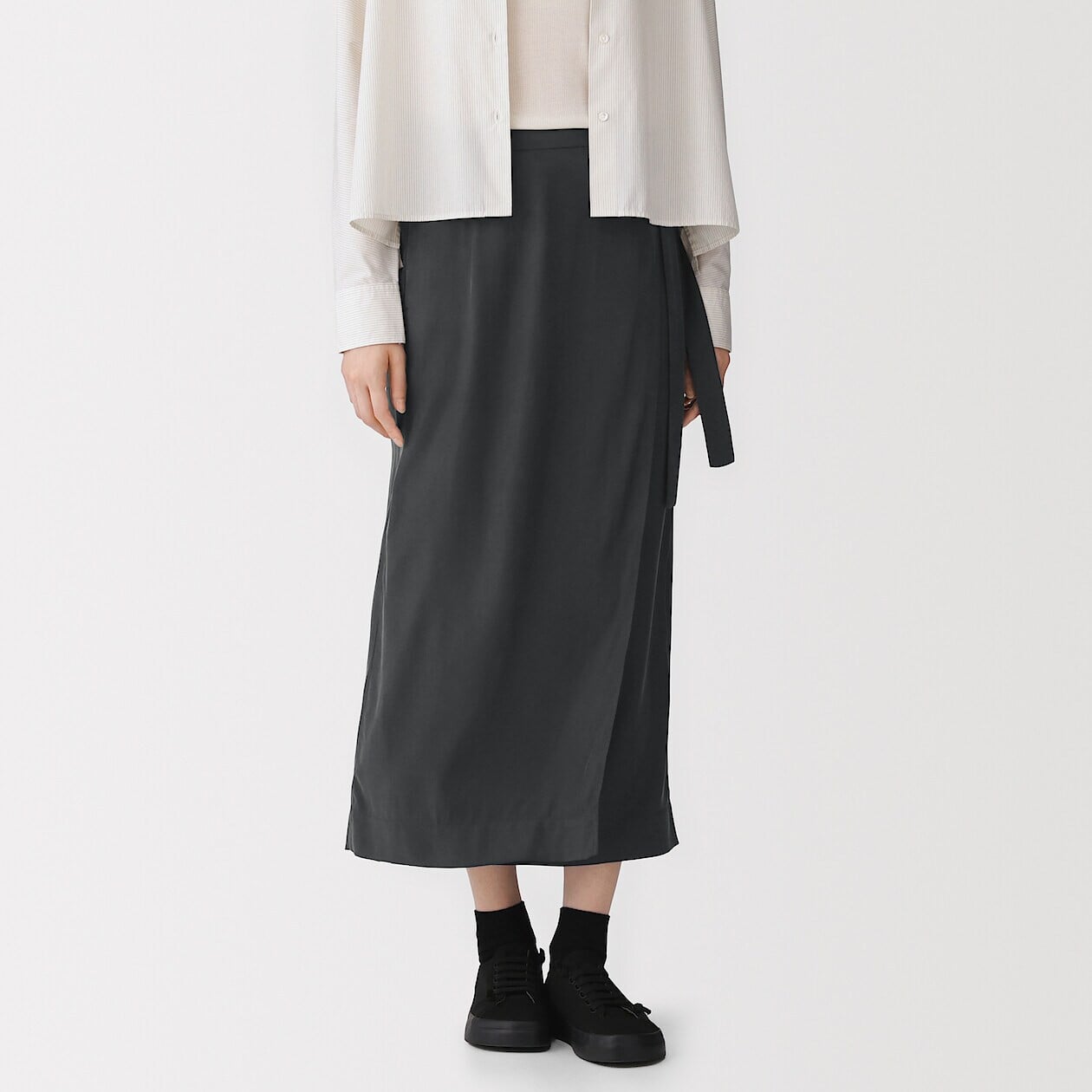 MUJI black cupro blend wrap midi skirt