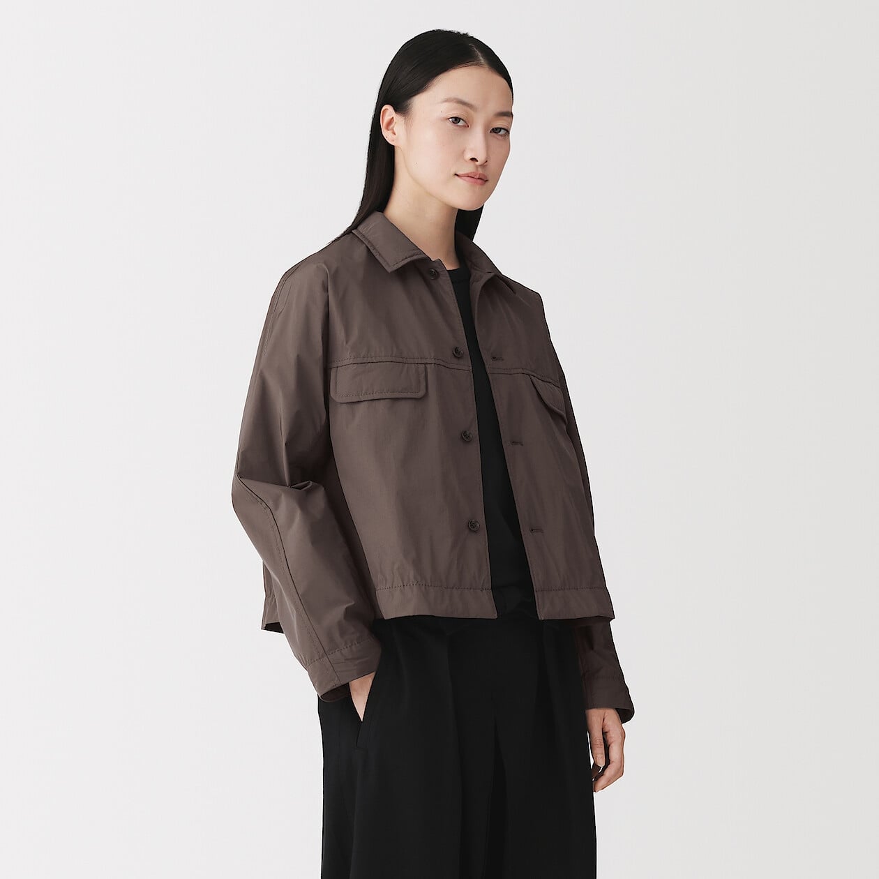 MUJI dark brown water-repellent memory fabric cropped jacket