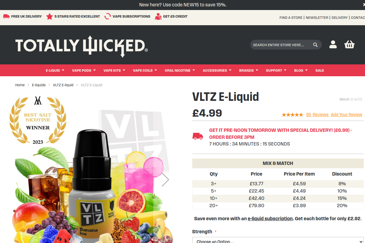 VLTZ e-liquid product page showing its bottle
