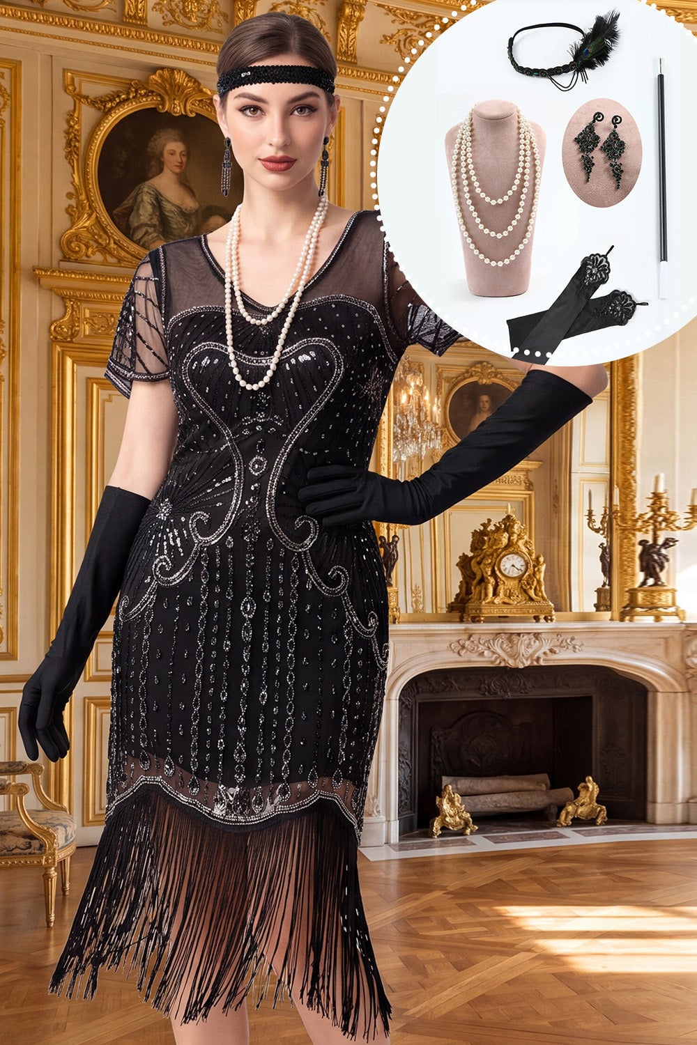 Black and silver fringed 1920s midi dress with sequins