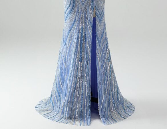 Blue strapless sequined mermaid prom dress with a slit