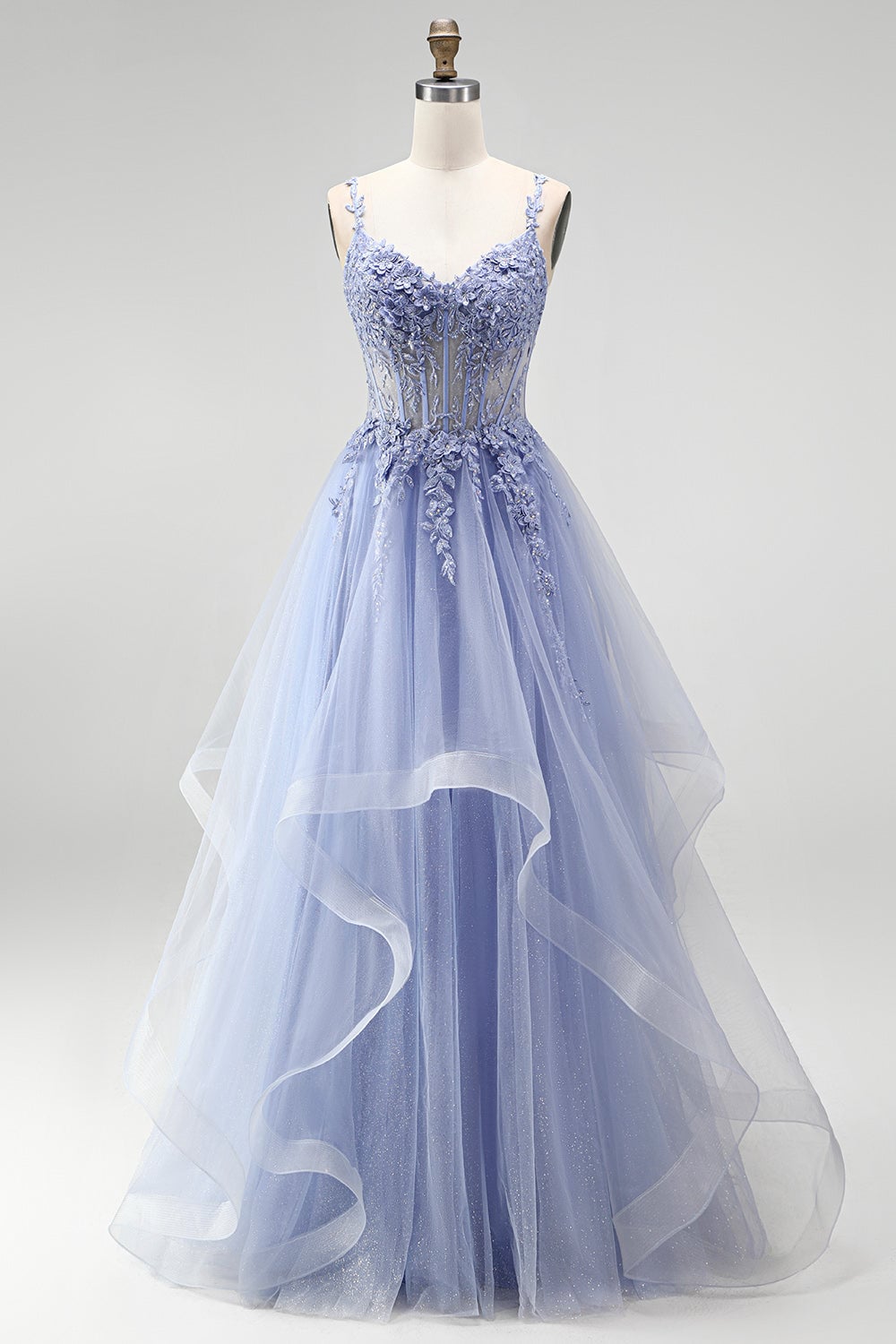 Dusty blue A-line corset prom dress with floral embroidery