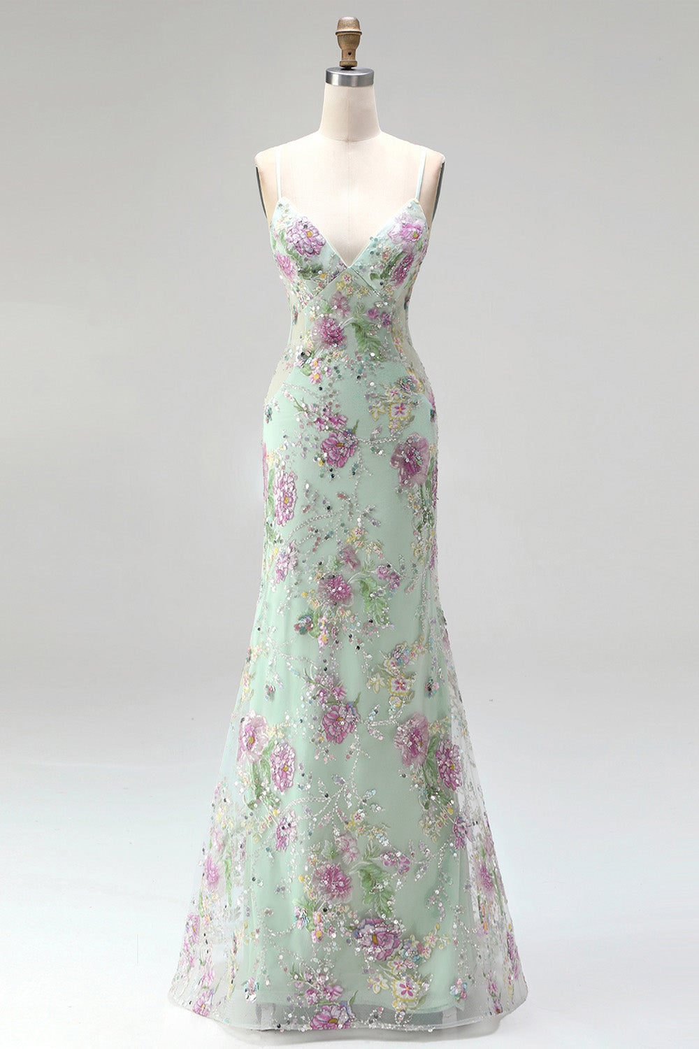 Light green mermaid prom dress with spaghetti straps and floral appliques