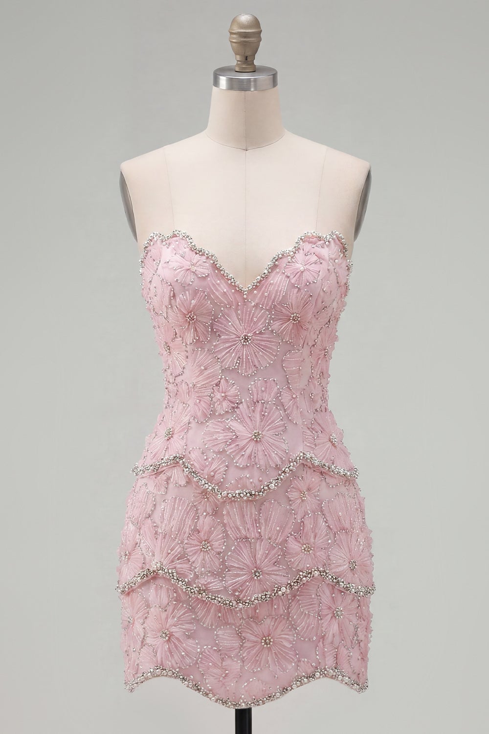 Pink floral bodycon homecoming dress with beading