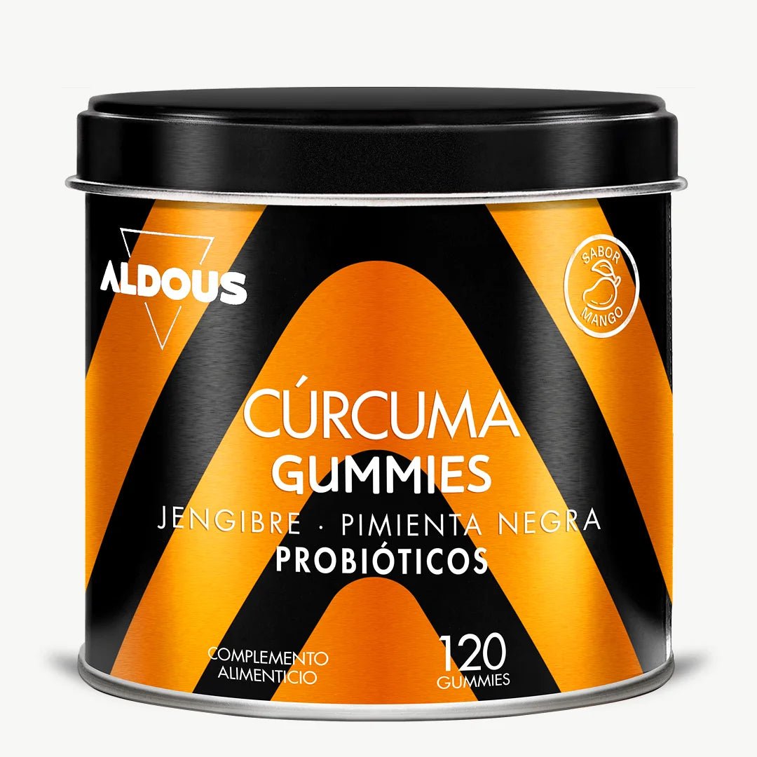 Envase de cúrcuma con probióticos en gominolas de Aldous Bio