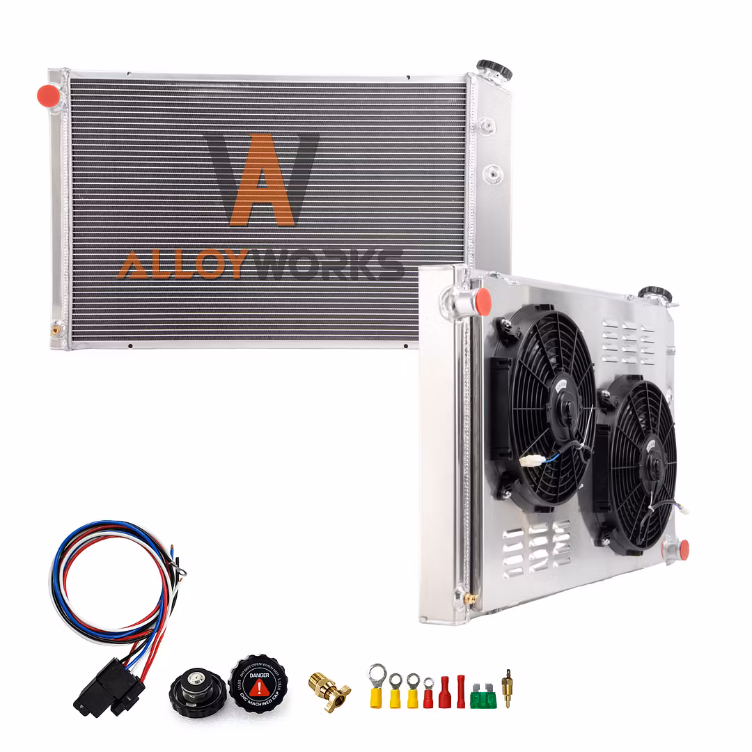 Four-row aluminum radiator and shroud fan for a Chevy and GMC pickup