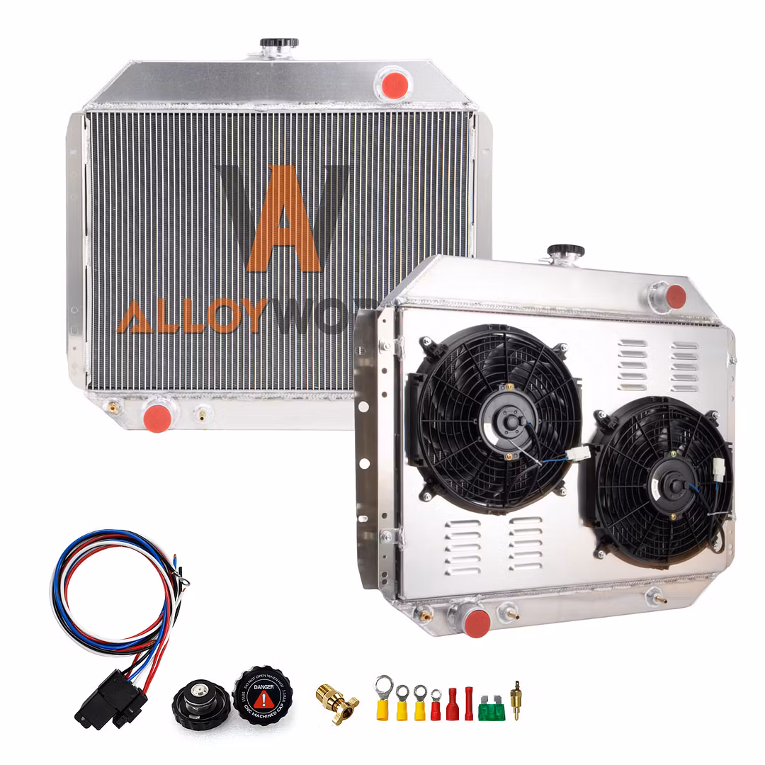 Four-row aluminum radiator with shroud fan for a Ford Bronco and F-series truck