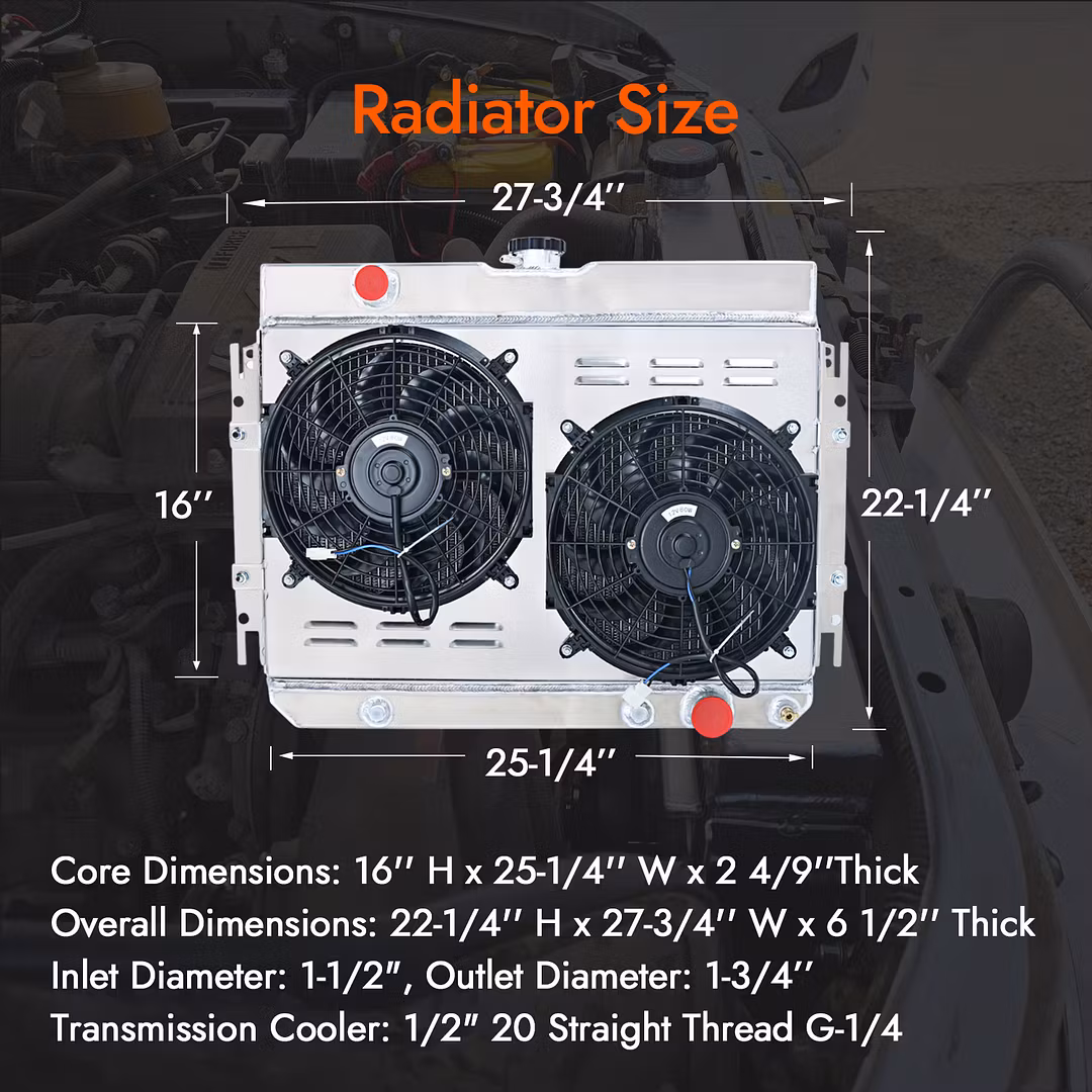 Automotive radiator product with visible mounting points