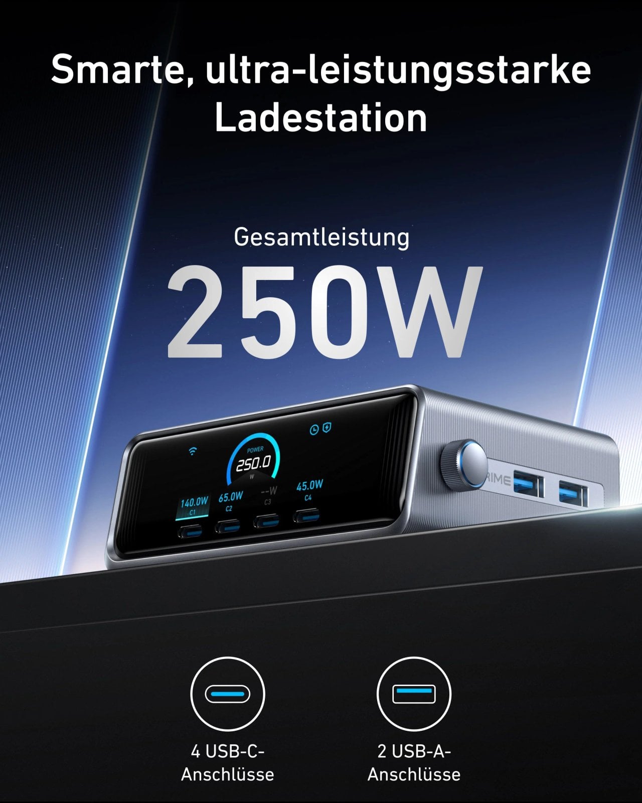 Anker Prime Ladegerät auf einem Schreibtisch mit angeschlossenen Geräten