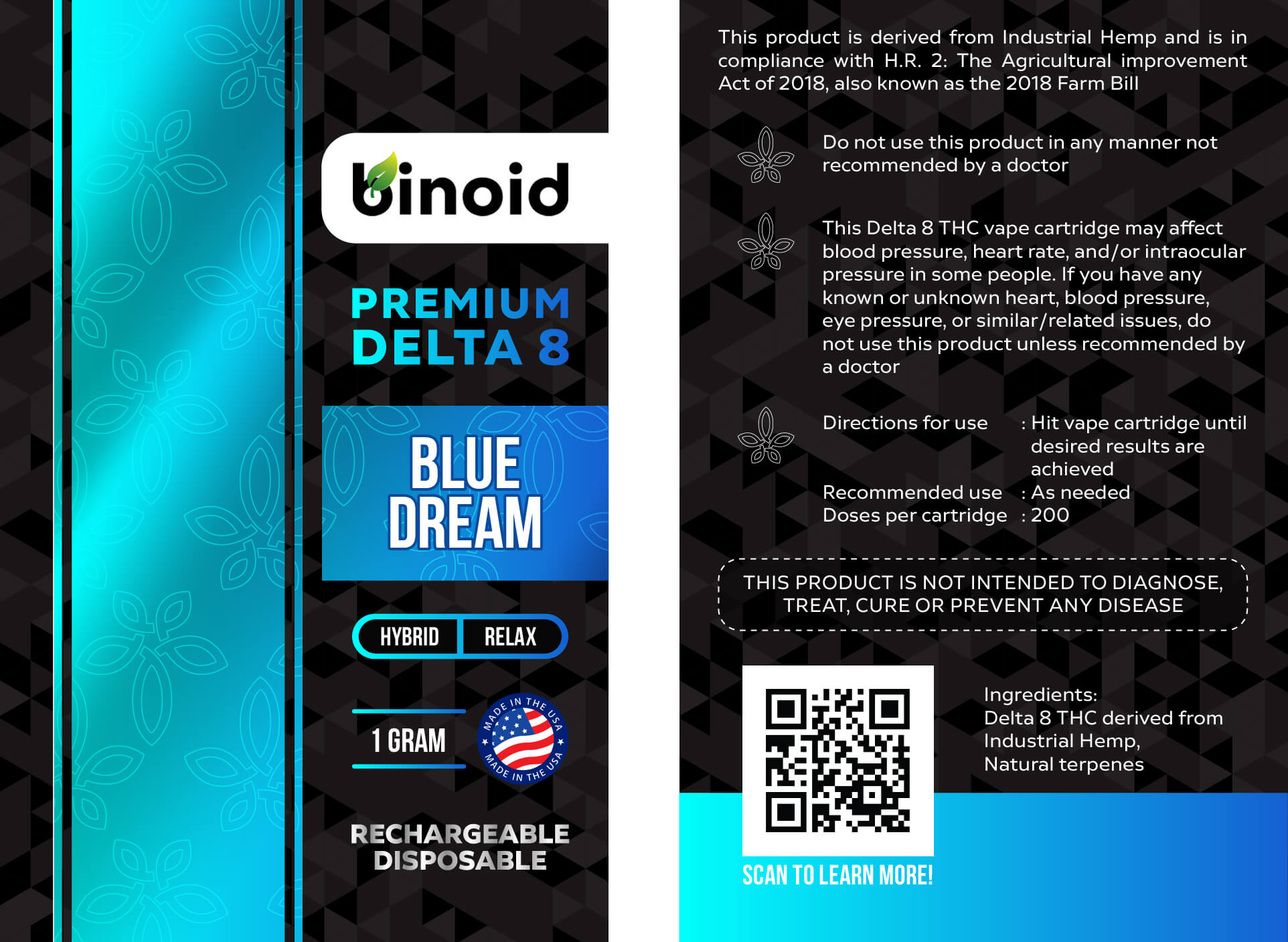 Binoid rechargeable vape device and packaging