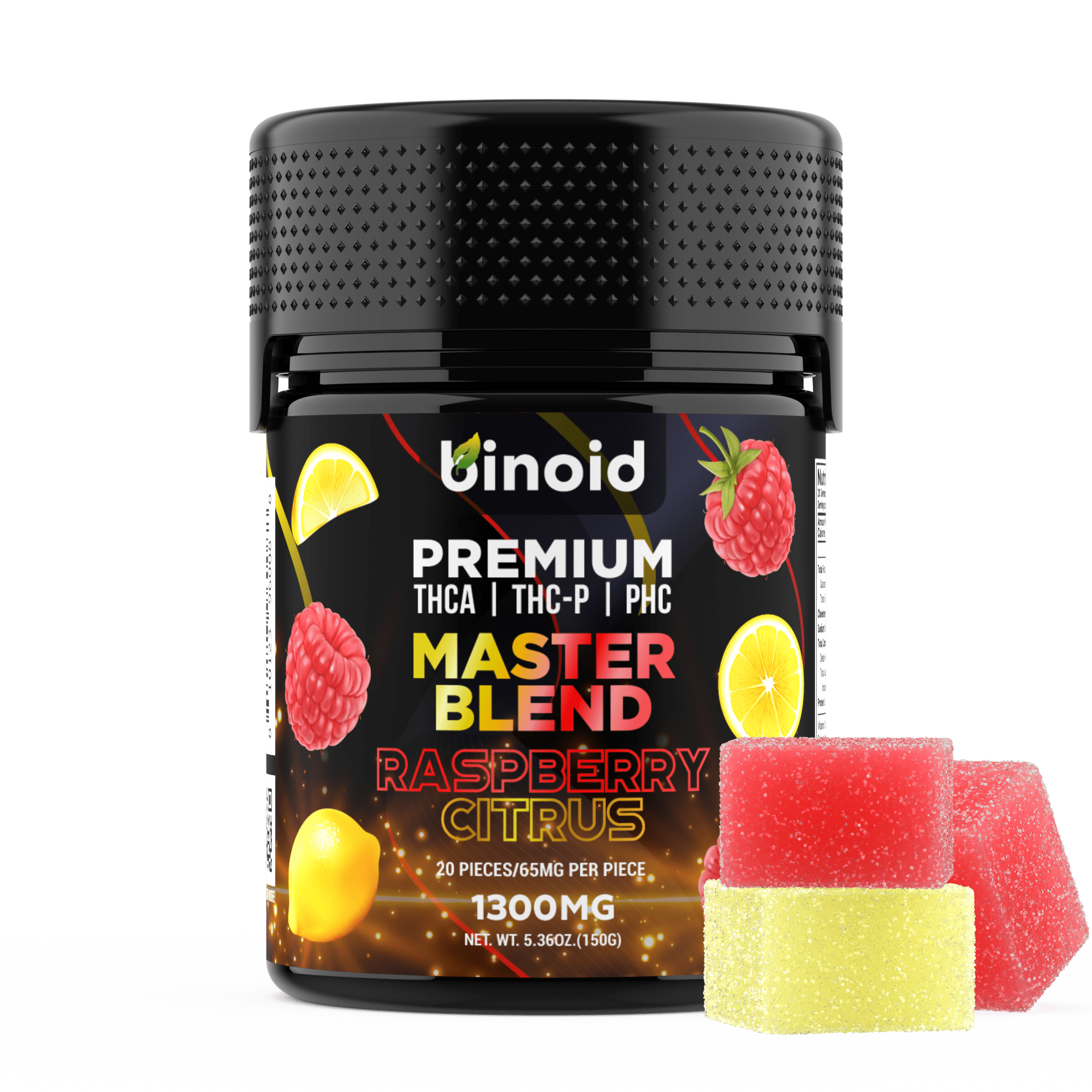 Binoid Master Blend gummies in a raspberry citrus variant