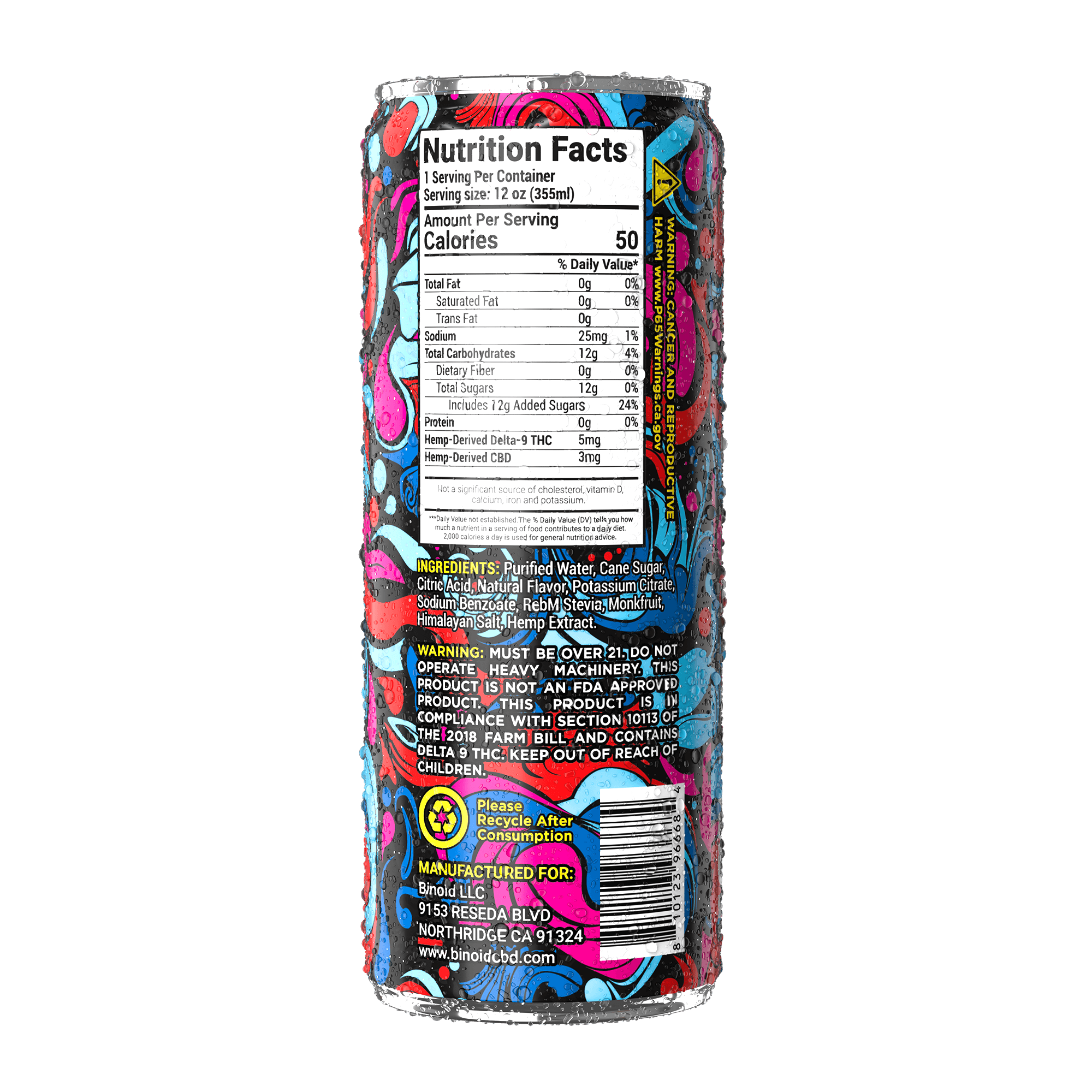 Binoid THC seltzer can shown as a beverage format