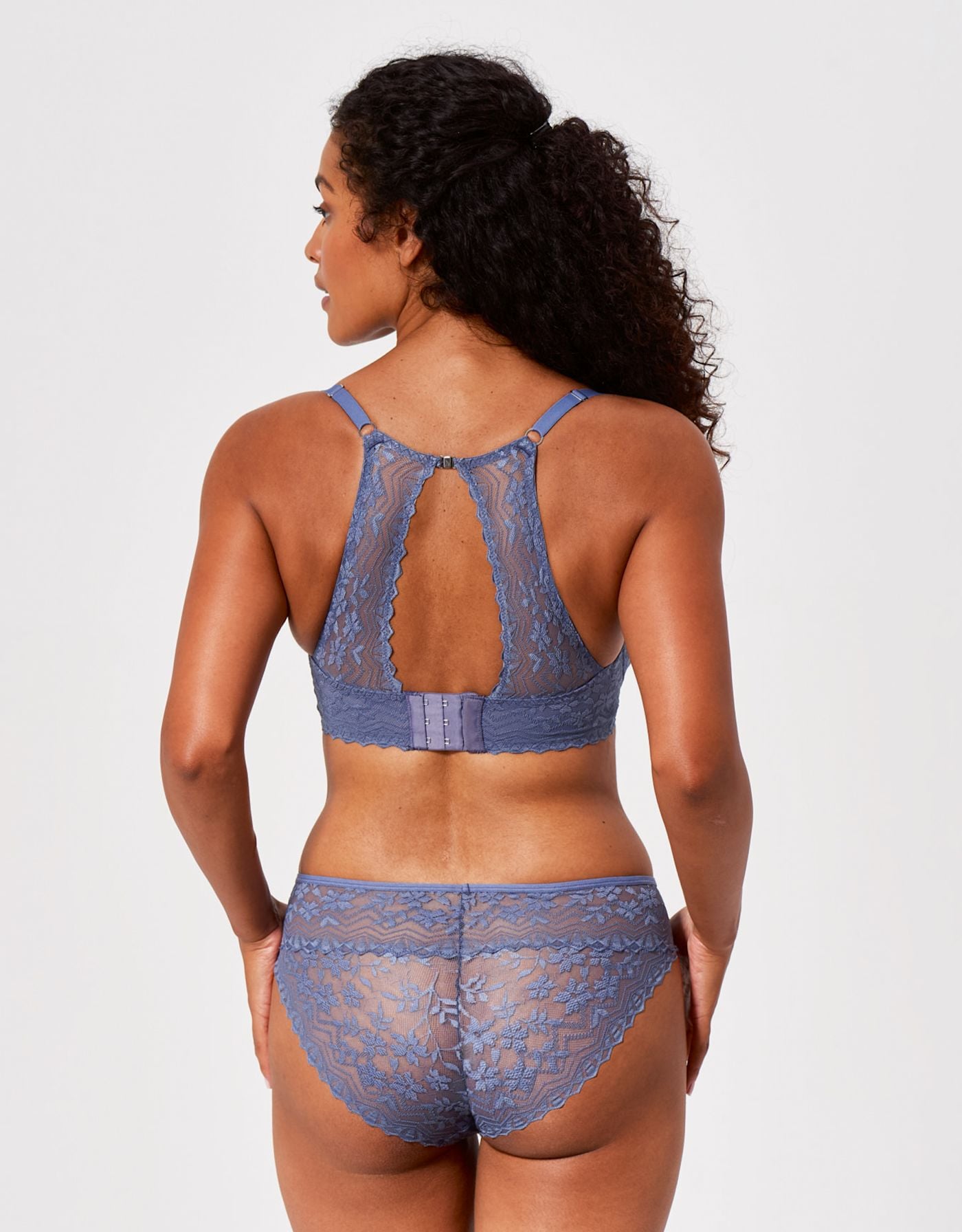 Blue Bravissimo lace bra on a model