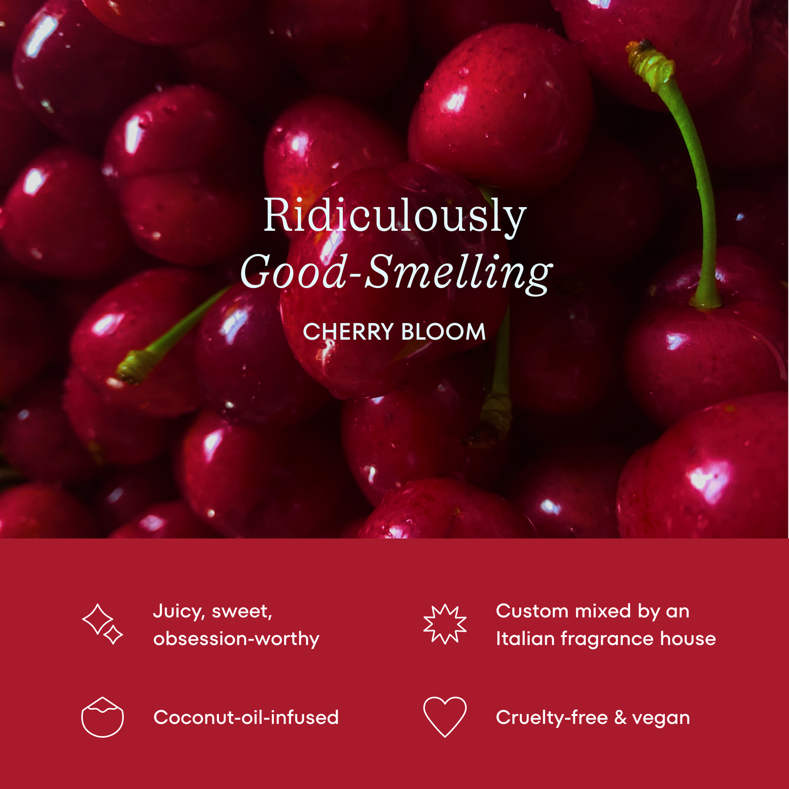 Cherry Bloom flavor graphic with cherries and product details