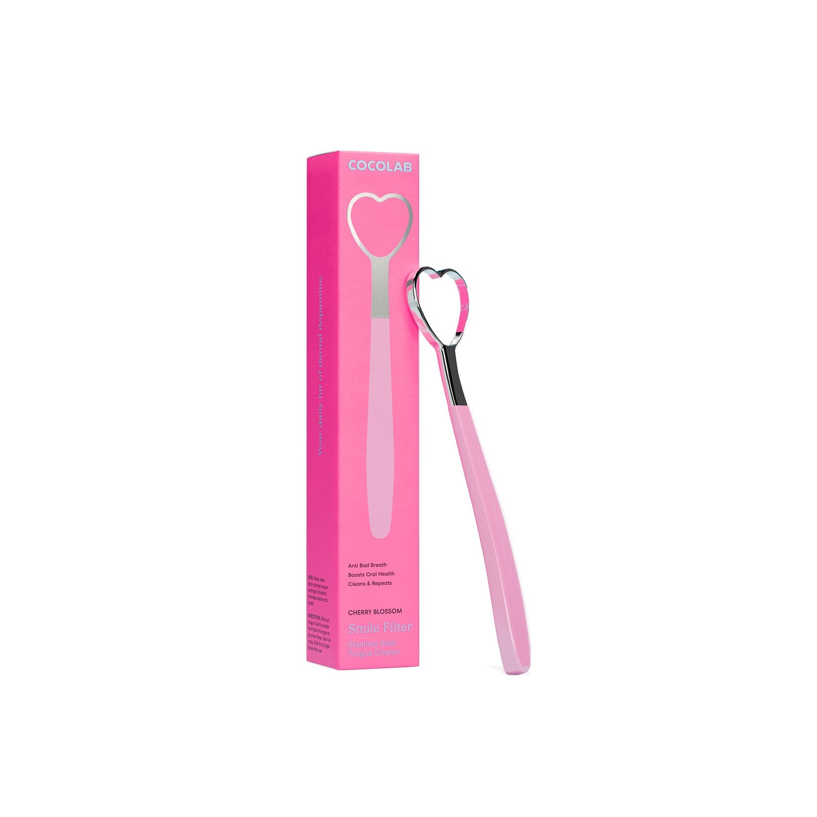 Cherry Blossom Smile Filter tongue cleaner beside its package