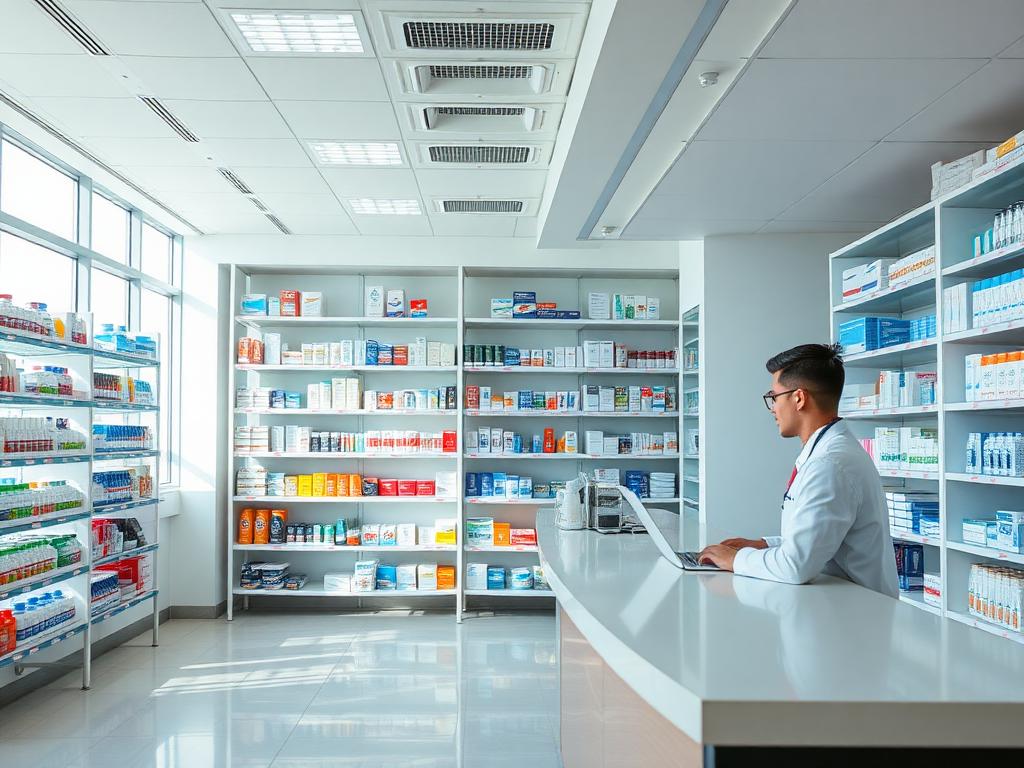Farmacista al computer dietro il bancone della farmacia