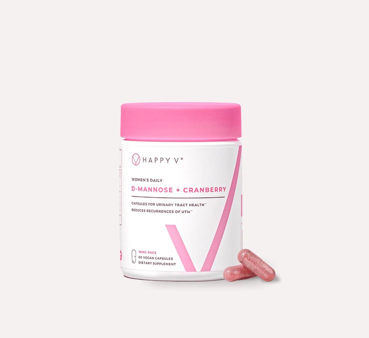 Happy V cranberry capsule supplement jar on a plain background