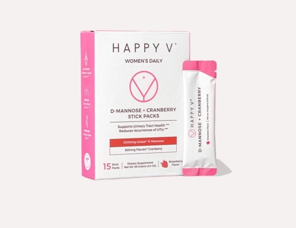 Happy V D-Mannose + Cranberry Stick Packs package on a plain background
