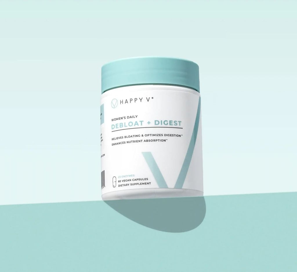 Happy V Debloat and Digest supplement jar on a light background