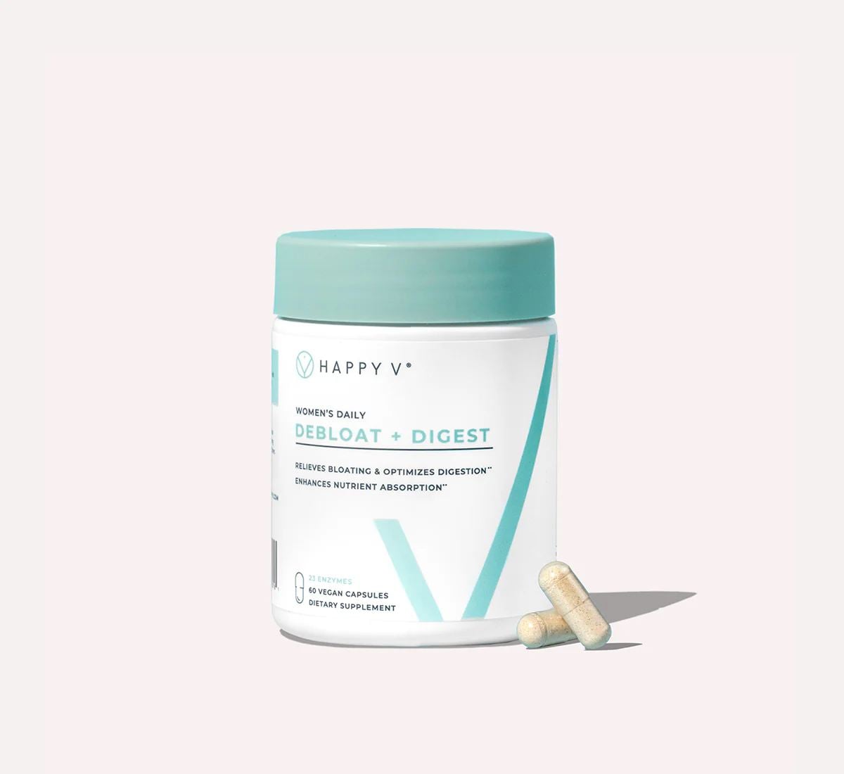 Happy V Debloat + Digest supplement jar on a plain background