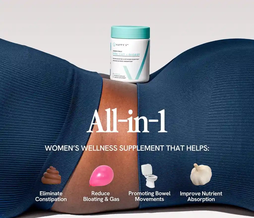 Happy V Debloat + Digest product packaging