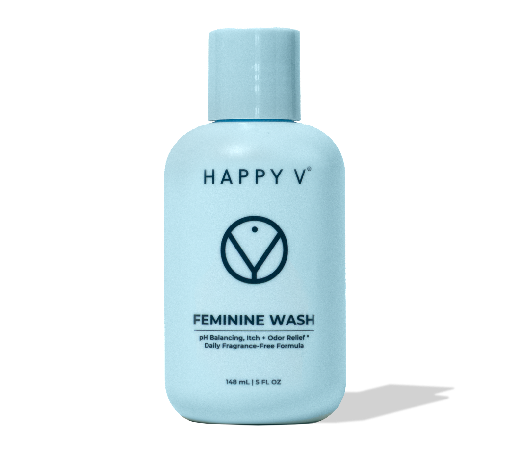Happy V Feminine Wash bottle on a soft shadow background
