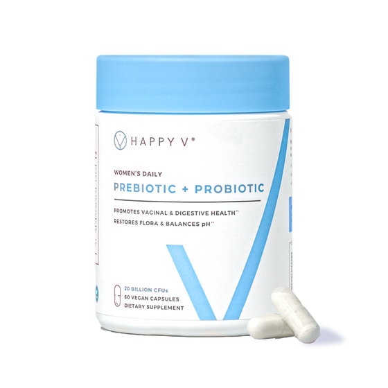 Happy V Prebiotic and Probiotic bottle with capsules
