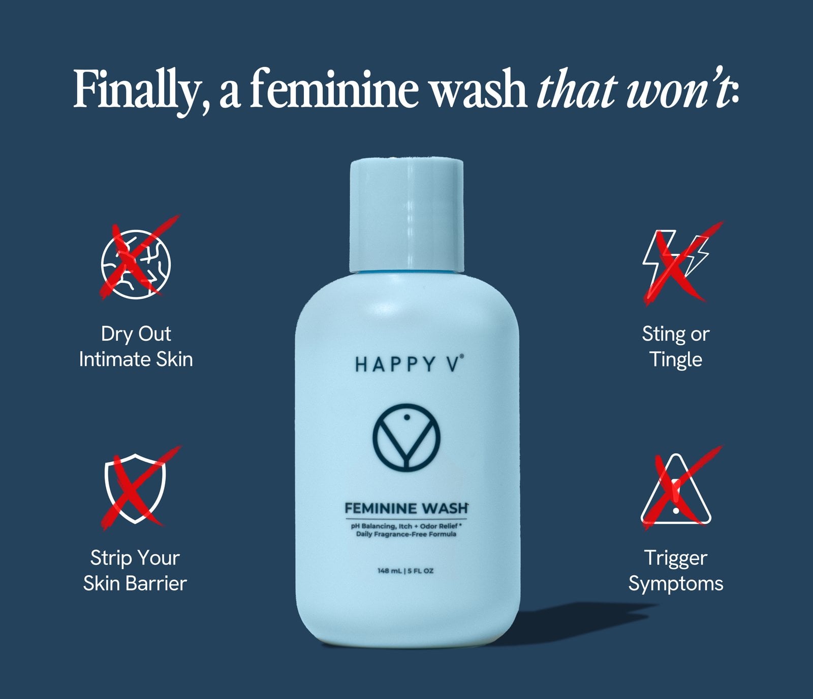 Feminine Wash formula information shown on the Happy V product page