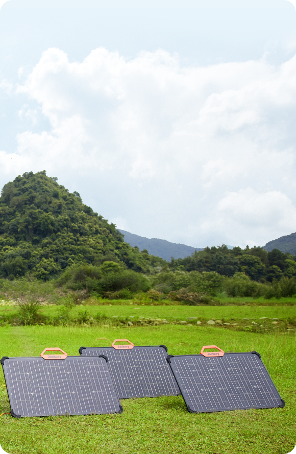 Jackery foldable solar panel set up on grass
