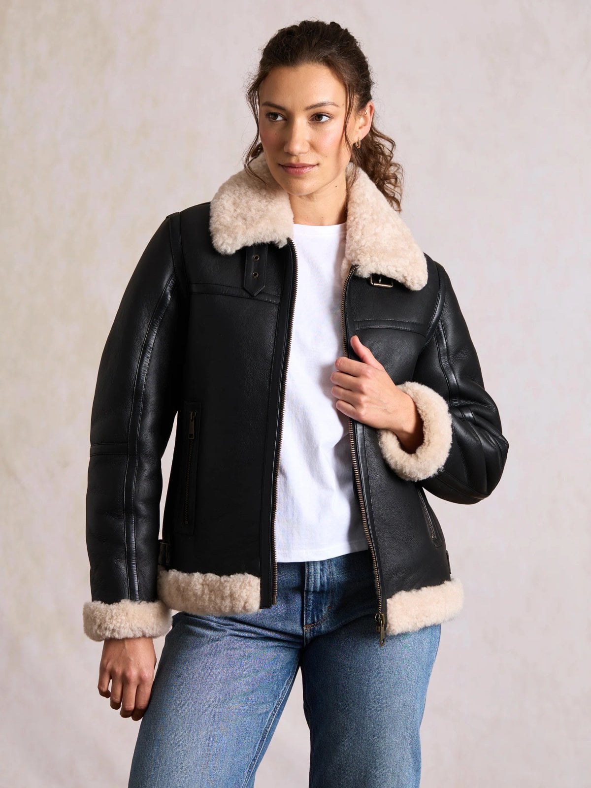 Cliburn sheepskin jacket in black with cream trim