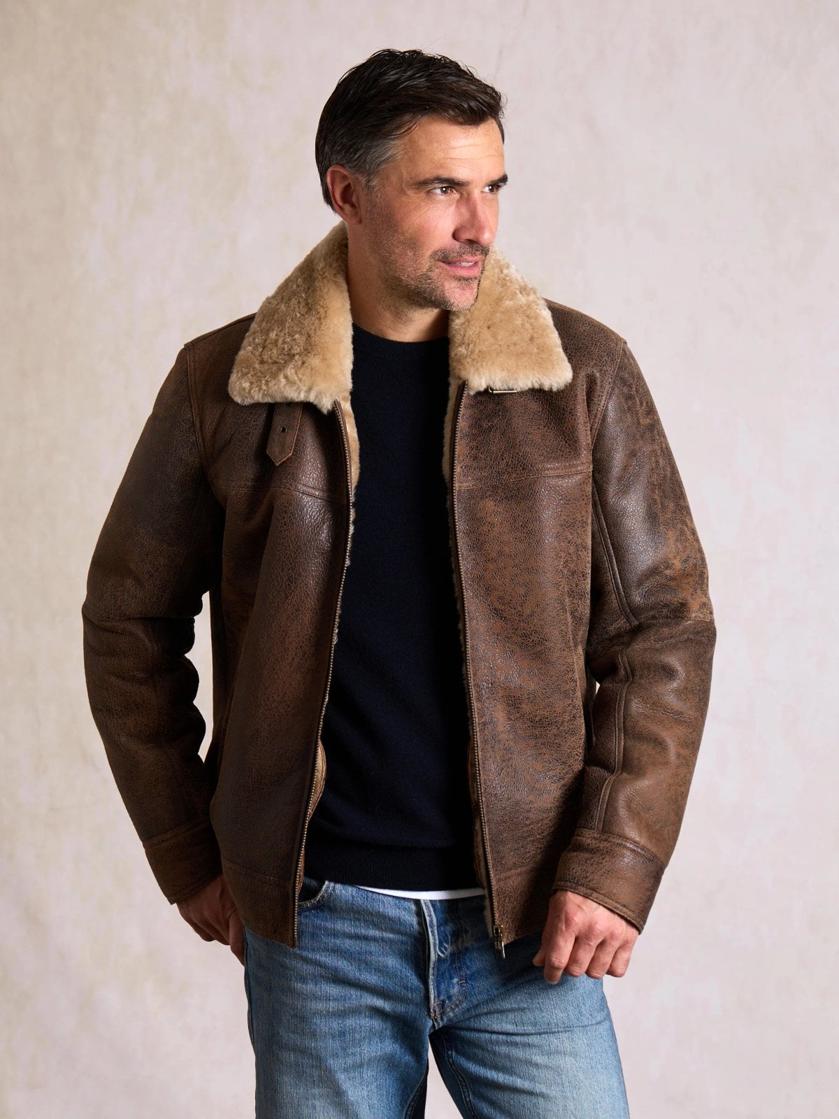 A brown Brigham sheepskin aviator jacket with wool collar