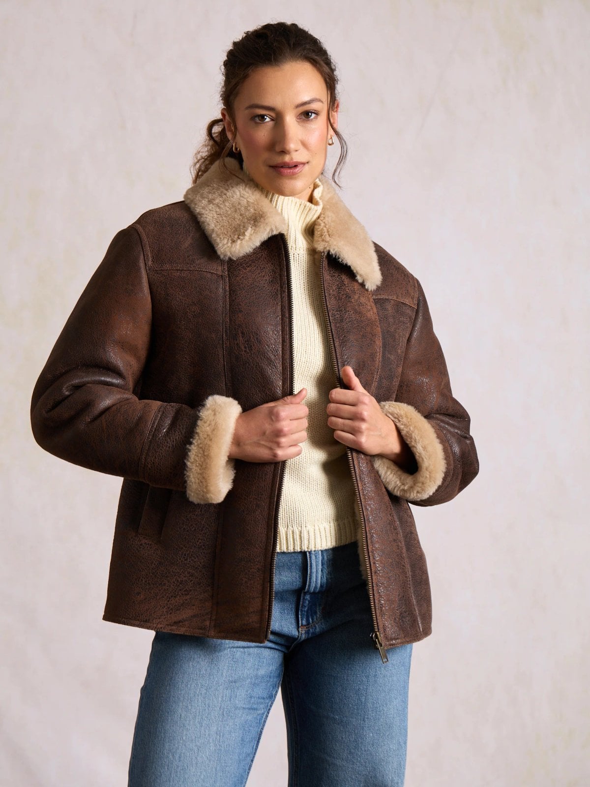 Sandford sheepskin jacket with a gently weathered brown finish