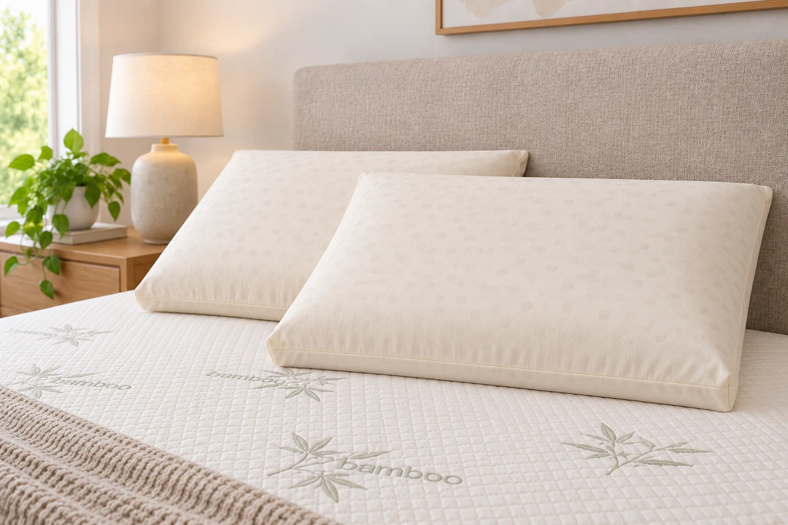 Classic Dunlop latex pillows styled on a bed