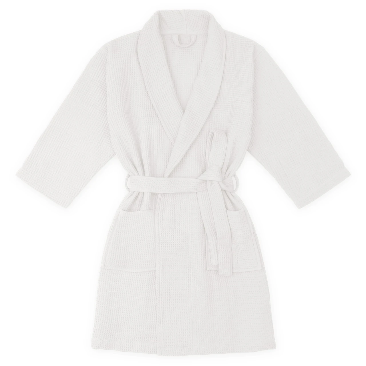 MUJI white cotton waffle bathrobe on a plain background