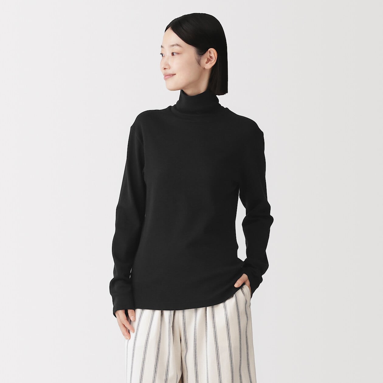MUJI women's warm cotton and wool mock neck long sleeve T-shirt