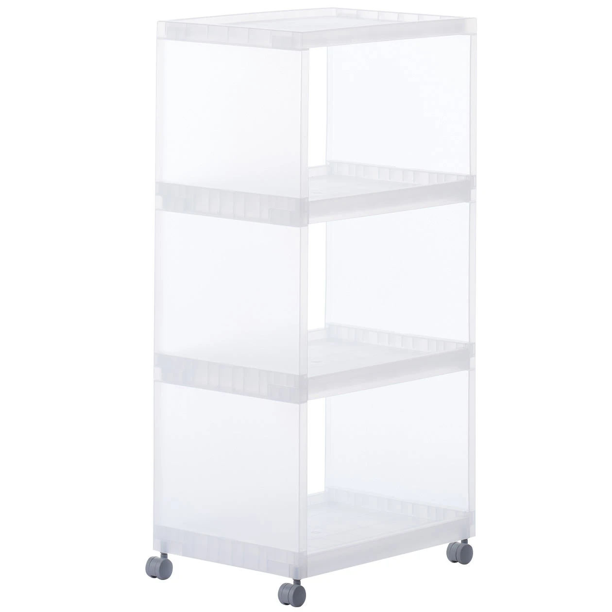 MUJI clear three tier storage shelf on wheels