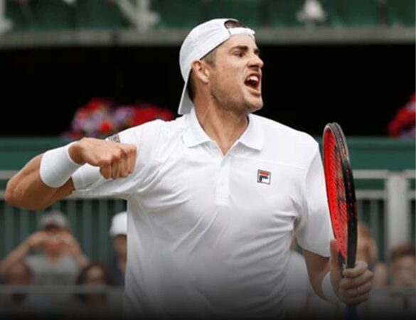 Tennis player celebrating during an athletic competition