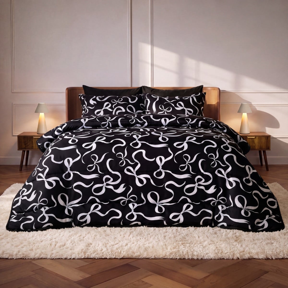 Monochrome ribbon bow coverless duvet set arranged on a bed