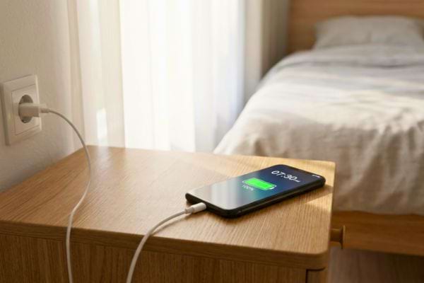 Smartphone charging on a bedroom nightstand