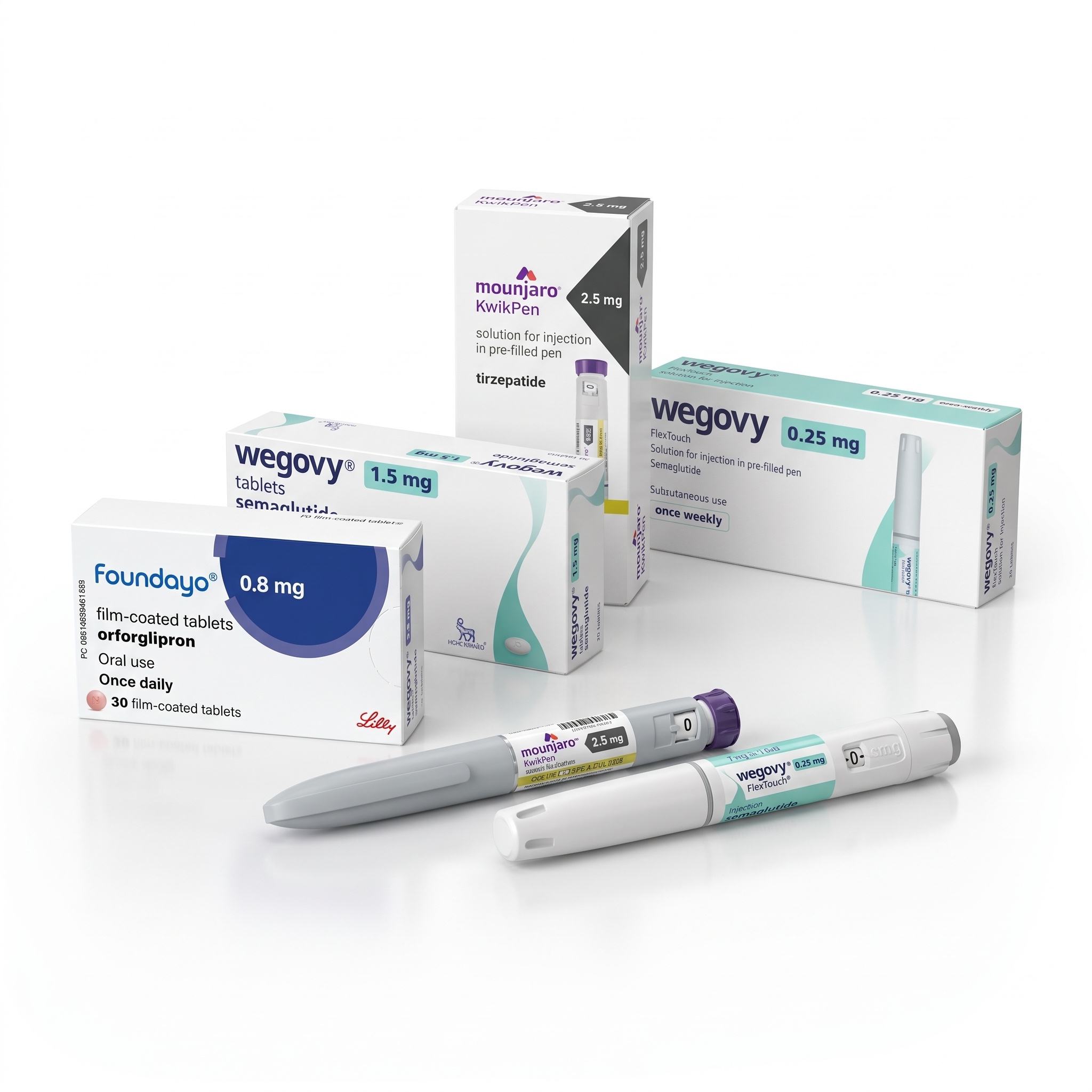 Prescription weight loss treatment packs on a neutral studio background