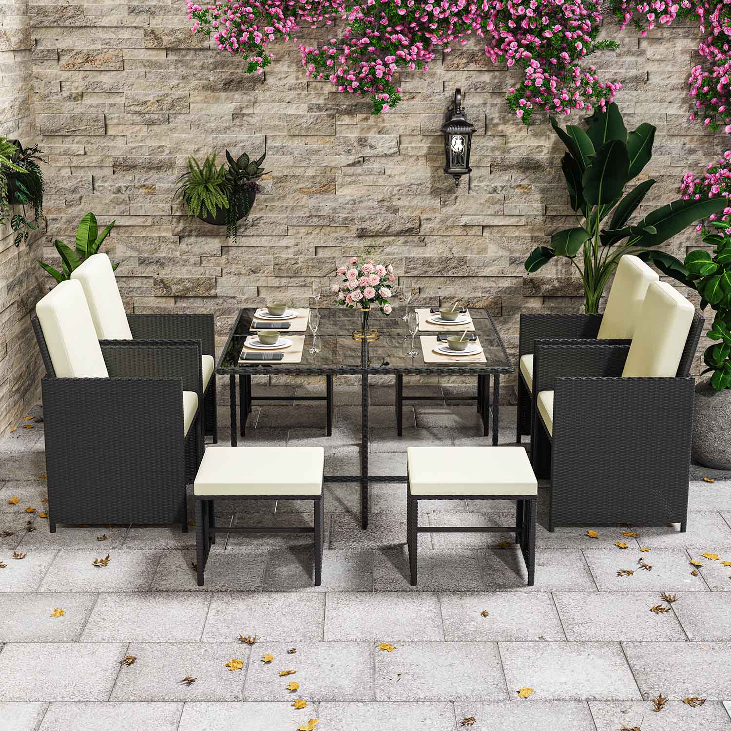 Rattan dining set arranged around a table