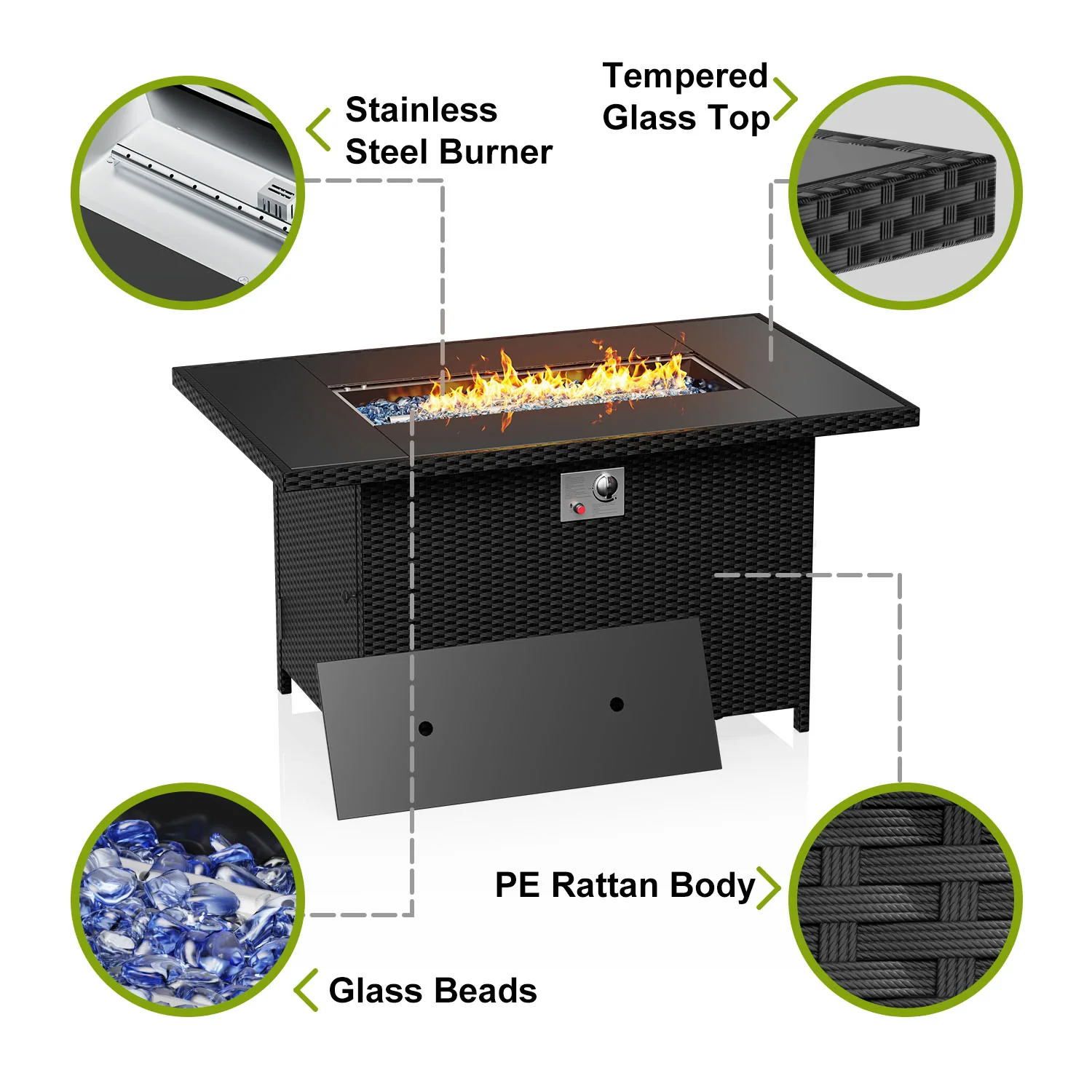 Rectangular rattan fire pit table with glass wind guard