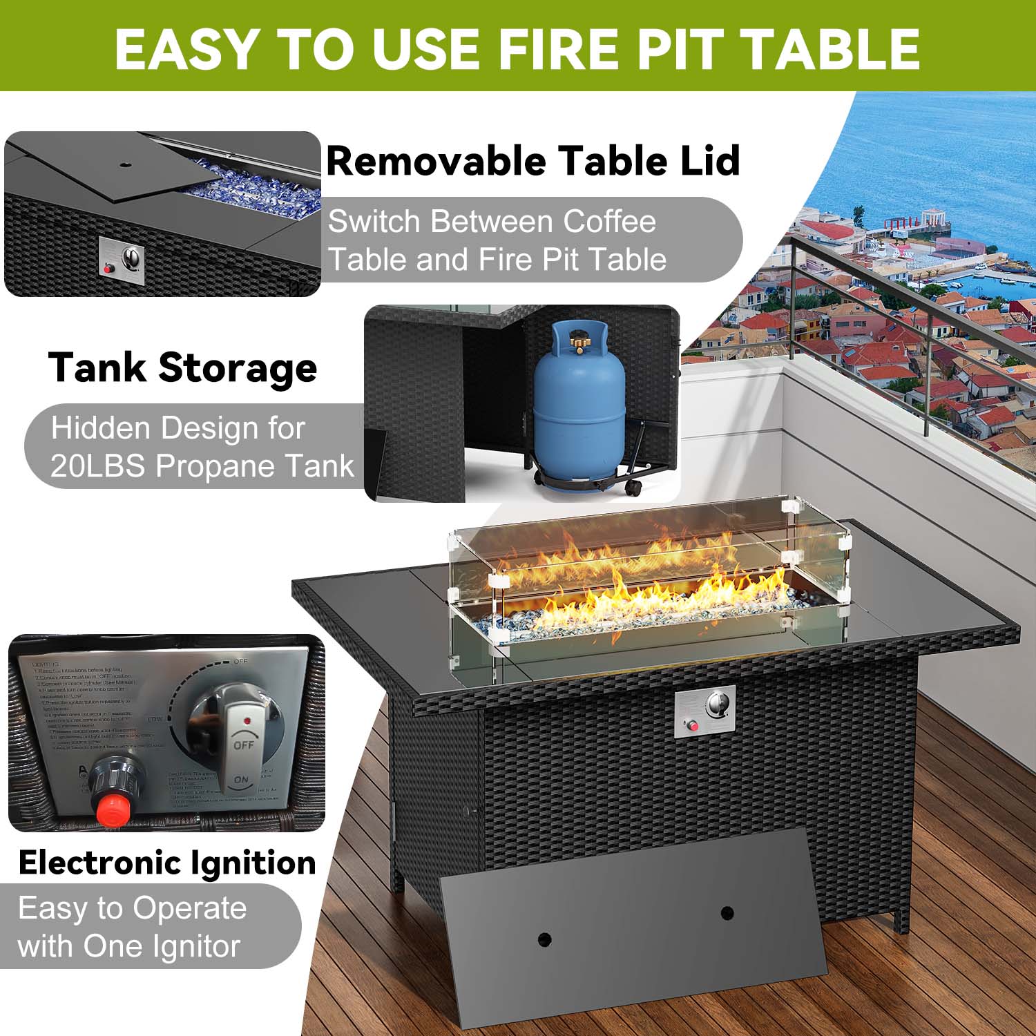 Rectangular rattan fire pit table with glass wind guard