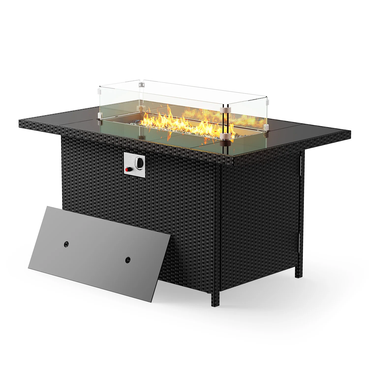 Rectangular rattan fire pit table with a glass wind guard